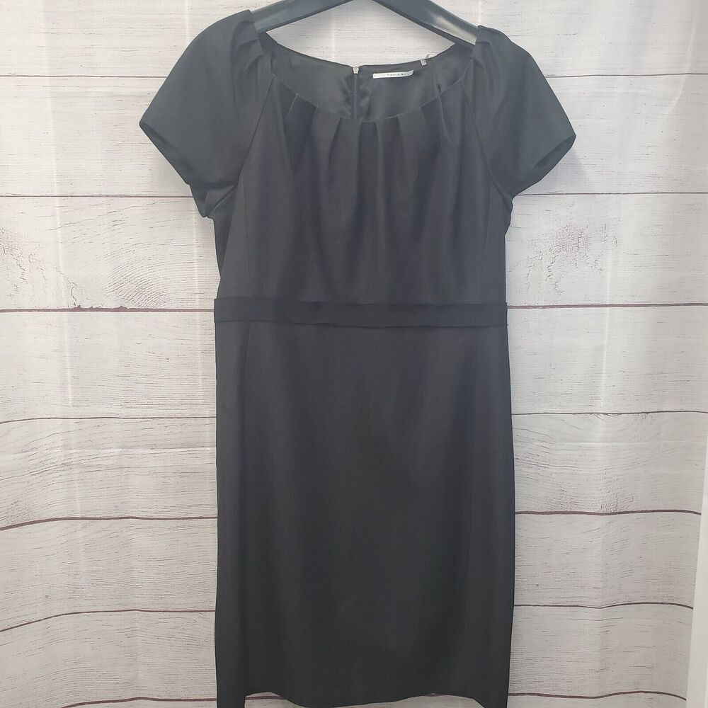 NWT Tahari Women Black Short Sleeve Pleated Dress Scoop Neck Sheath Size 16